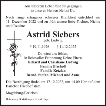 Traueranzeige von Astrid Siebers (geb. Ludwig)  von Magdeburger Volksstimme