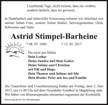 Traueranzeige von Astrid Stimpel-Barheine  von Magdeburger Volksstimme