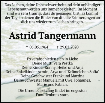 Traueranzeige von Astrid Tangermann  von Magdeburger Volksstimme