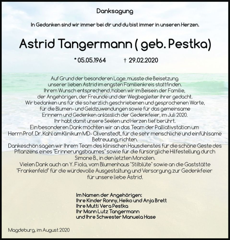  Traueranzeige für Astrid Tangermann (geb. Pestka)  vom 12.08.2020 aus Magdeburger Volksstimme