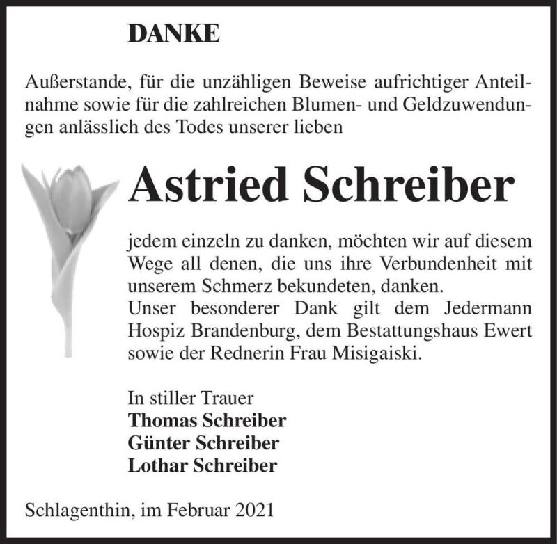  Traueranzeige für Astried Schreiber  vom 13.02.2021 aus Magdeburger Volksstimme