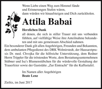 Traueranzeige von Attila Babai  von Magdeburger Volksstimme