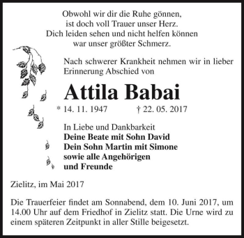 Traueranzeige von Attila Babai  von Magdeburger Volksstimme