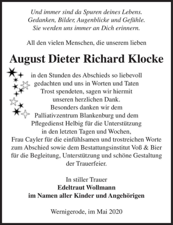 Traueranzeige von August Dieter Richard Klocke  von Magdeburger Volksstimme