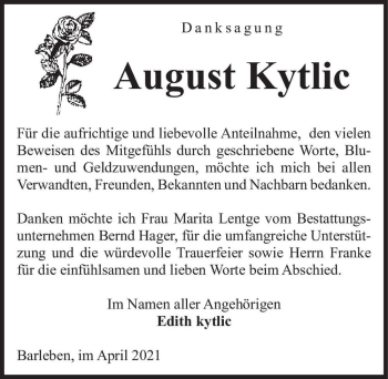 Traueranzeige von August Kytlic  von Magdeburger Volksstimme