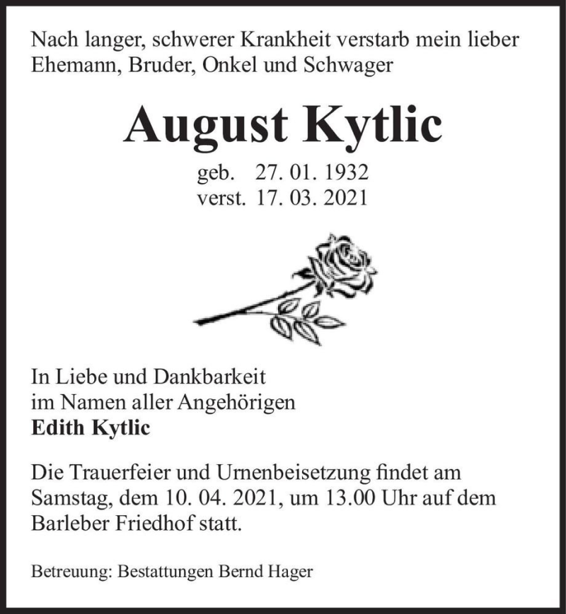  Traueranzeige für August Kytlic  vom 03.04.2021 aus Magdeburger Volksstimme