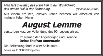 Traueranzeige von August Lemme  von Magdeburger Volksstimme