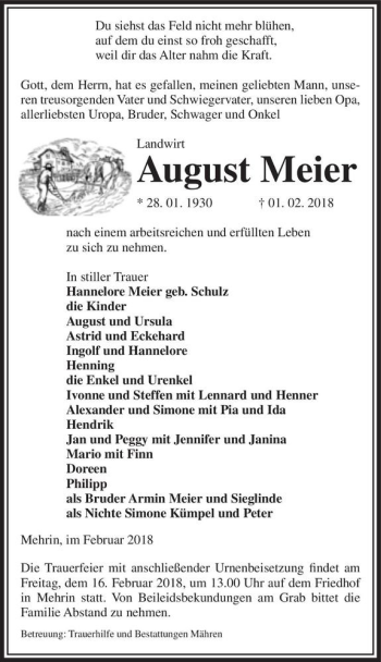 Traueranzeige von August Meier  von Magdeburger Volksstimme