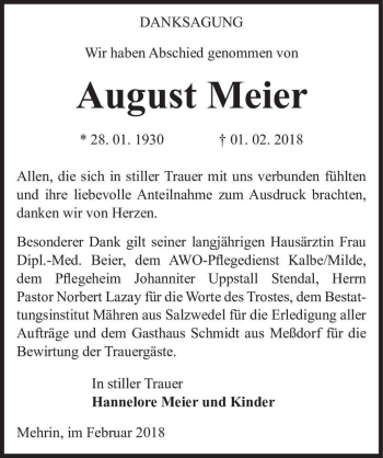 Traueranzeige von August Meier  von Magdeburger Volksstimme