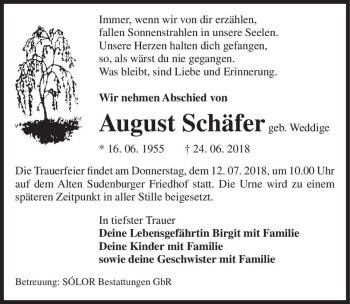 Traueranzeige von August Schäfer (geb. Weddige)  von Magdeburger Volksstimme
