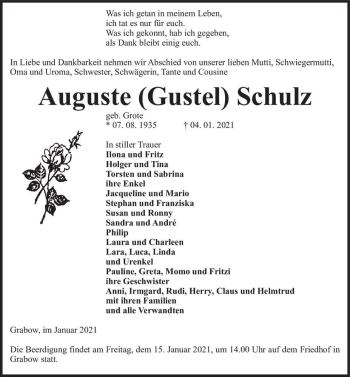 Traueranzeige von Auguste 
