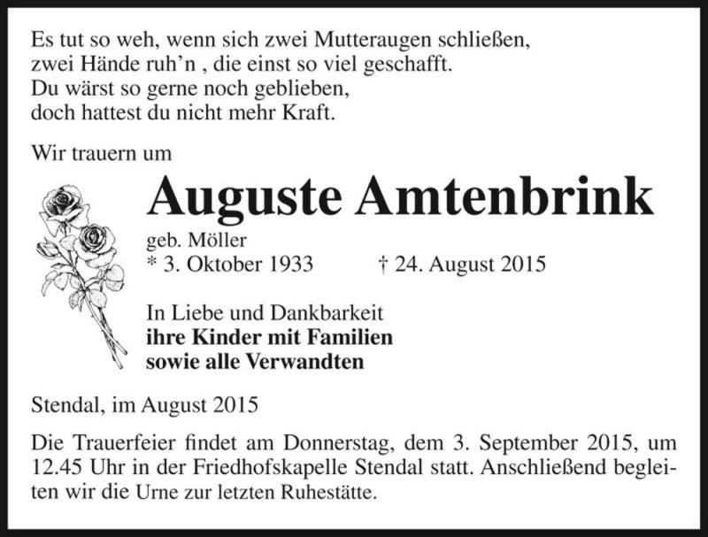  Traueranzeige für Auguste Amtenbrink (geb. Möller)  vom 01.09.2015 aus Magdeburger Volksstimme