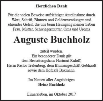 Traueranzeige von Auguste Buchholz  von Magdeburger Volksstimme