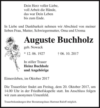 Traueranzeige von Auguste Buchholz (geb. Nowack)  von Magdeburger Volksstimme