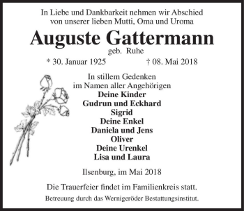 Traueranzeige von Auguste Gattermann (geb. Ruhe)  von Magdeburger Volksstimme