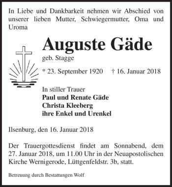 Traueranzeige von Auguste Gäde (geb. Stagge)  von Magdeburger Volksstimme
