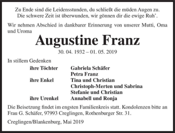 Traueranzeige von Augustine Franz  von Magdeburger Volksstimme
