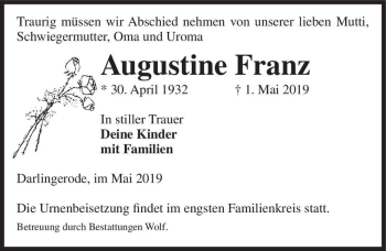 Traueranzeige von Augustine Franz  von Magdeburger Volksstimme