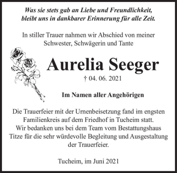 Traueranzeige von Aurelia Seeger  von Magdeburger Volksstimme