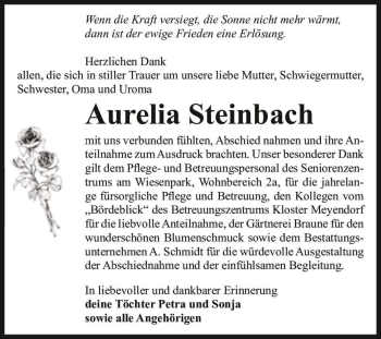 Traueranzeige von Aurelia Steinbach  von Magdeburger Volksstimme