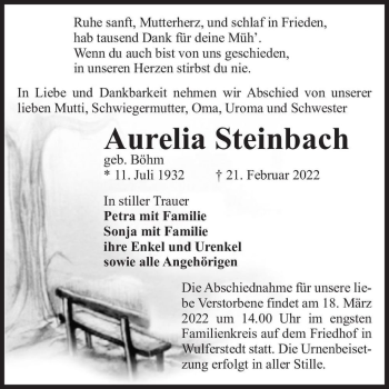 Traueranzeige von Aurelia Steinbach (geb. Böhm)  von Magdeburger Volksstimme