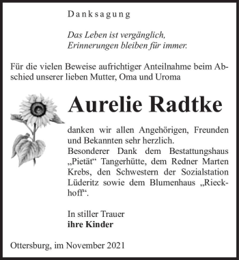 Traueranzeige von Aurelie Radtke  von Magdeburger Volksstimme
