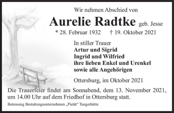 Traueranzeige von Aurelie Radtke (geb. Jesse)  von Magdeburger Volksstimme