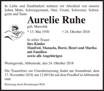 Traueranzeige von Aurelie Ruhe (geb. Marschik)  von Magdeburger Volksstimme