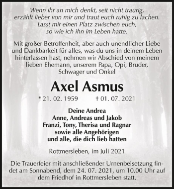 Traueranzeige von Axel Asmus  von Magdeburger Volksstimme