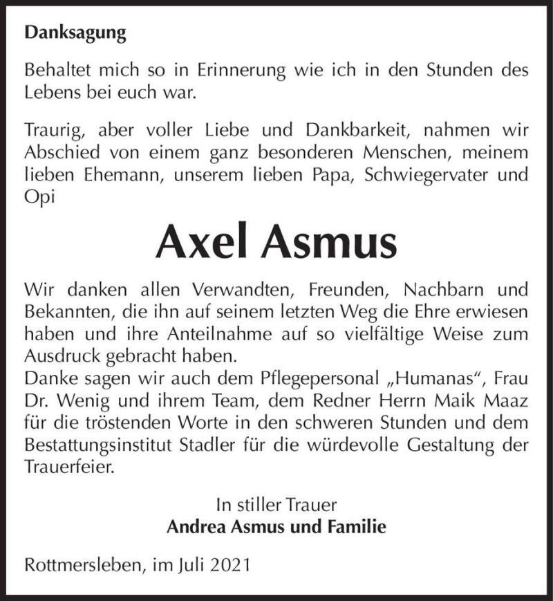  Traueranzeige für Axel Asmus  vom 31.07.2021 aus Magdeburger Volksstimme