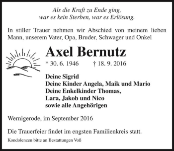 Traueranzeige von Axel Bernutz  von Magdeburger Volksstimme