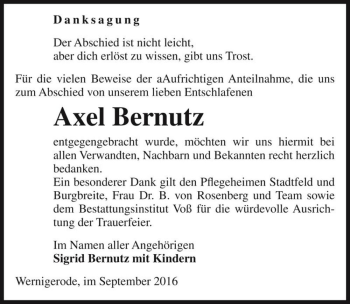 Traueranzeige von Axel Bernutz  von Magdeburger Volksstimme
