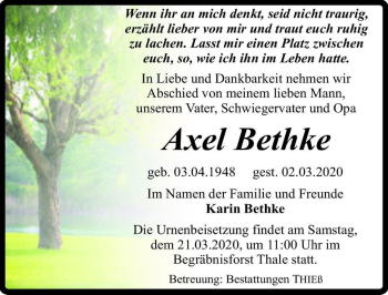 Traueranzeige von Axel Bethke  von Magdeburger Volksstimme