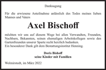 Traueranzeige von Axel Bischoff  von Magdeburger Volksstimme