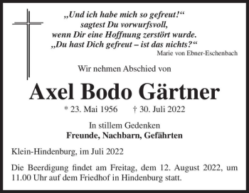 Traueranzeige von Axel Bodo Gärtner  von Magdeburger Volksstimme