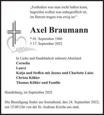 Traueranzeige von Axel Braumann  von Magdeburger Volksstimme