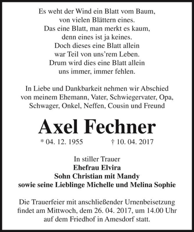  Traueranzeige für Axel Fechner  vom 15.04.2017 aus Magdeburger Volksstimme