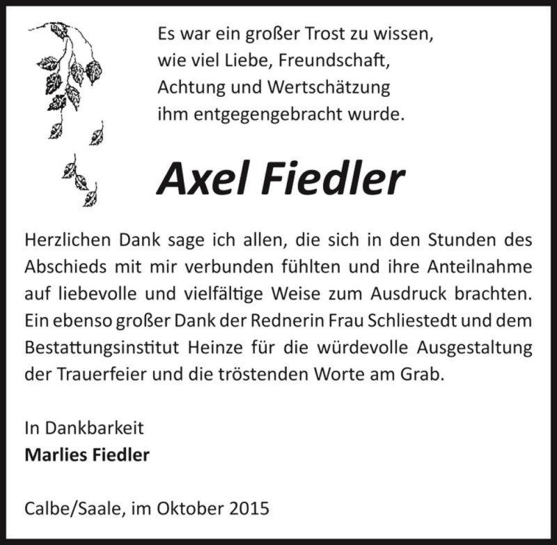  Traueranzeige für Axel Fiedler  vom 07.11.2015 aus Magdeburger Volksstimme