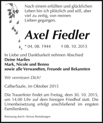 Traueranzeige von Axel Fiedler  von Magdeburger Volksstimme