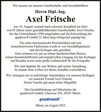 Traueranzeige von Axel Fritsche  von Magdeburger Volksstimme