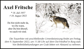 Traueranzeige von Axel Fritsche  von Magdeburger Volksstimme