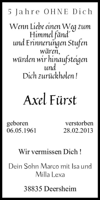 Traueranzeige von Axel Fürst  von Magdeburger Volksstimme