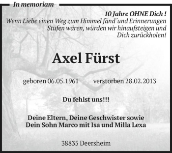 Traueranzeige von Axel Fürst  von Magdeburger Volksstimme