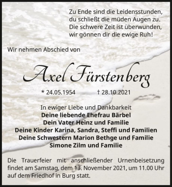 Traueranzeige von Axel Fürstenberg  von Magdeburger Volksstimme