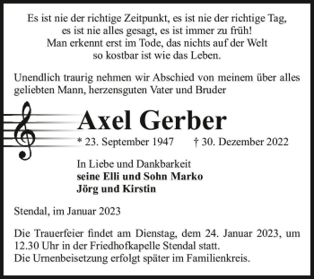 Traueranzeige von Axel Gerber  von Magdeburger Volksstimme