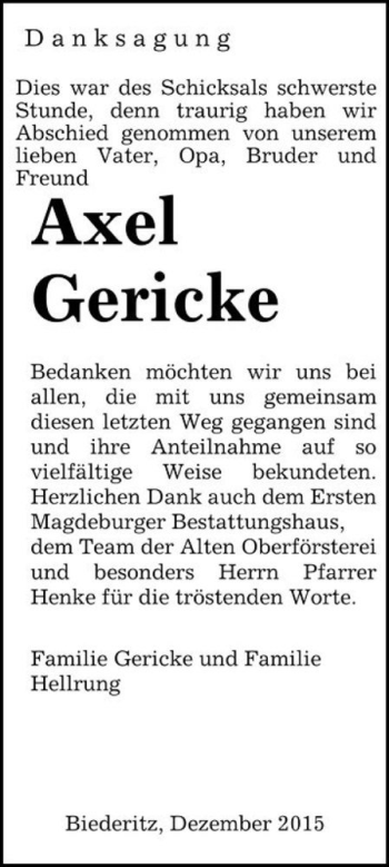 Traueranzeige von Axel Gericke  von Magdeburger Volksstimme