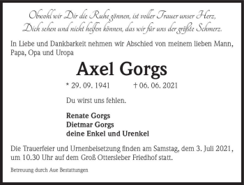 Traueranzeige von Axel Gorgs  von Magdeburger Volksstimme