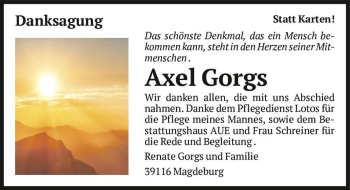 Traueranzeige von Axel Gorgs  von Magdeburger Volksstimme