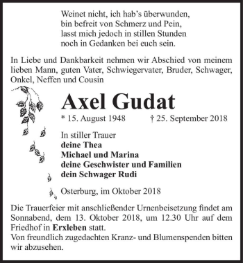 Traueranzeige von Axel Gudat  von Magdeburger Volksstimme