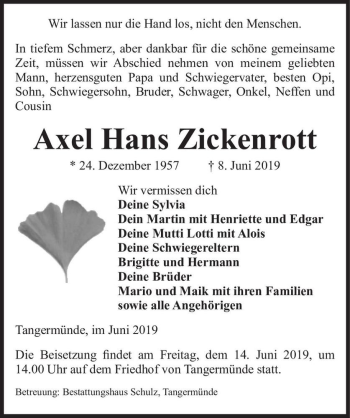 Traueranzeige von Axel Hans Zickenrott  von Magdeburger Volksstimme